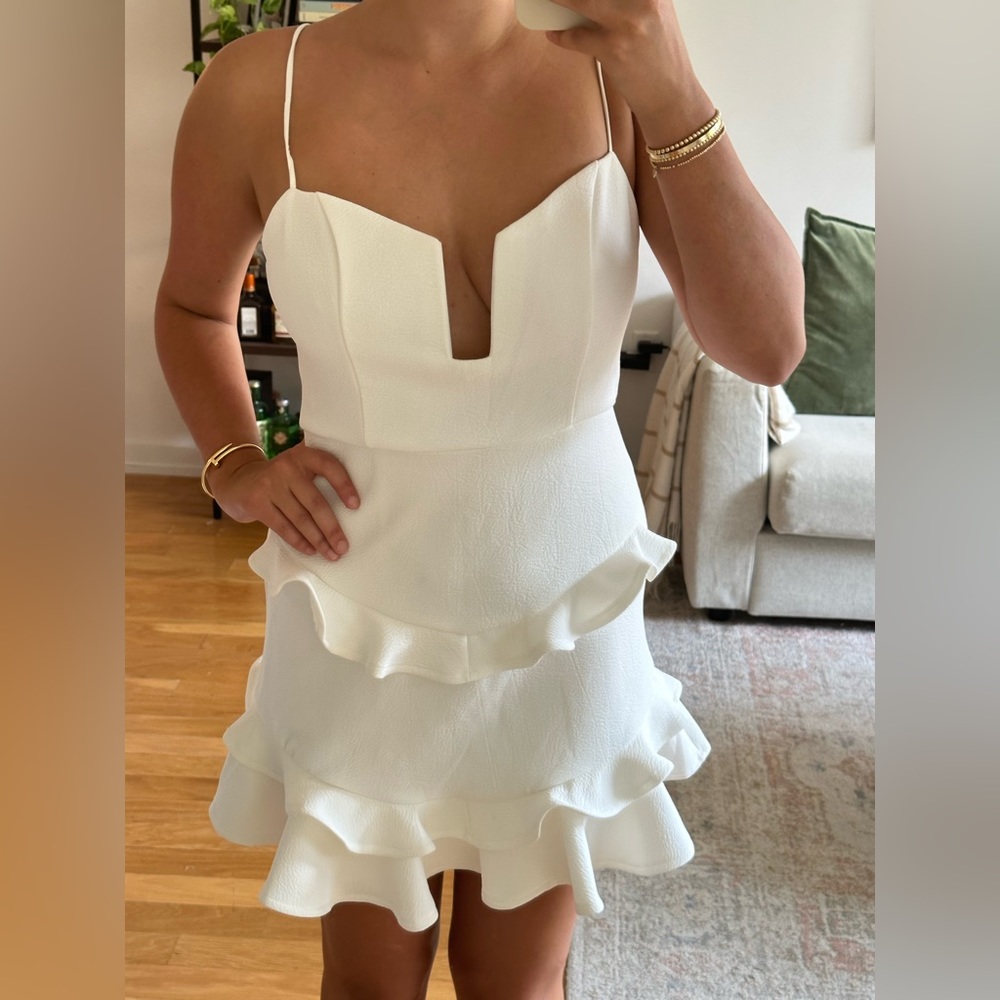 White Ruffle Dress With Low Cut Front - Picture 3 of 6